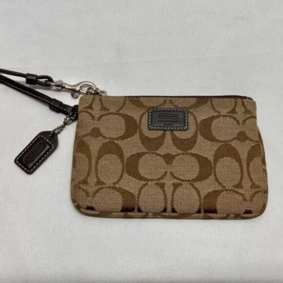 Coach Signature Wristlet Coin Wallet Khaki Canvas Brown Leather Trim EUC - Picture 13 of 13
